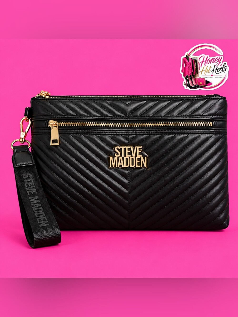 Steve Madden Black Quilted Wristlet with Gold Hardware
